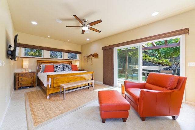 bedroom with access to exterior, light tile patterned floors, and ceiling fan