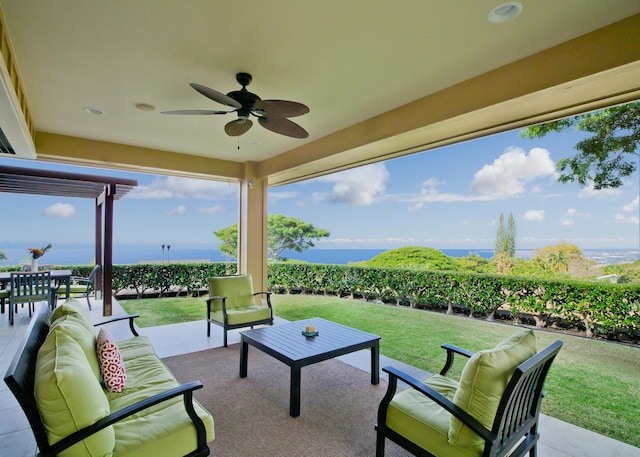 view of patio / terrace with an outdoor hangout area, a water view, and ceiling fan