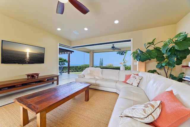 living room featuring ceiling fan