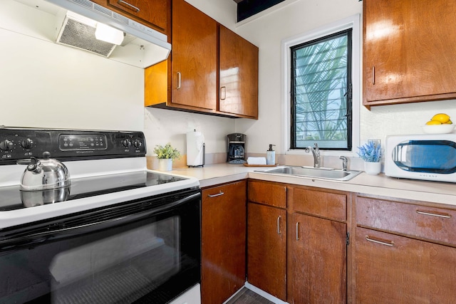 kitchen featuring white appliances, sink, and range hood