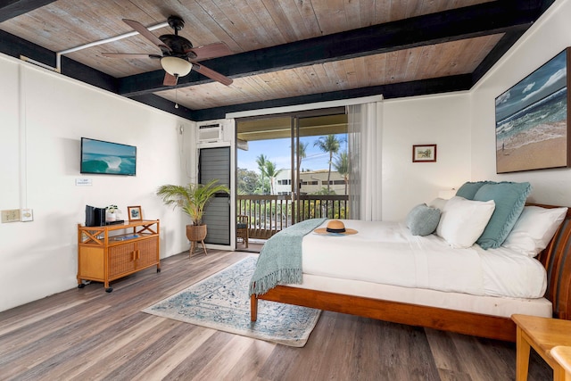 bedroom with access to exterior, wood ceiling, ceiling fan, wood-type flooring, and beam ceiling