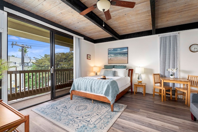 bedroom featuring access to outside, ceiling fan, beam ceiling, hardwood / wood-style flooring, and wooden ceiling