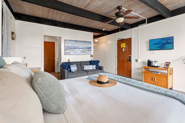 bedroom featuring ceiling fan, beam ceiling, and wood ceiling