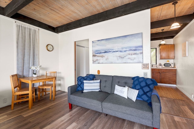 living room featuring wooden ceiling and dark wood-type flooring