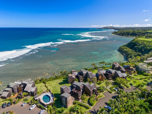 bird's eye view with a water view and a view of the beach