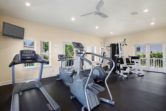 exercise room featuring ceiling fan