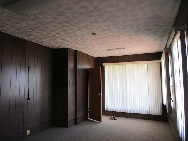 unfurnished room featuring a textured ceiling, light colored carpet, and wood walls