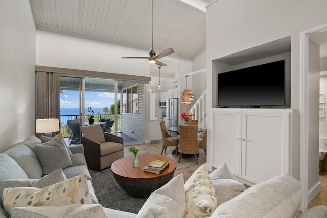 living room with high vaulted ceiling, built in features, ceiling fan, and wood ceiling