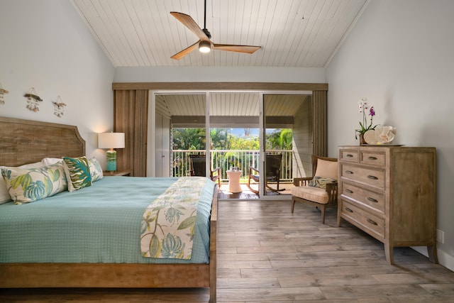 bedroom featuring access to outside, ceiling fan, hardwood / wood-style flooring, wooden ceiling, and lofted ceiling