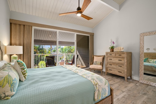 bedroom with access to outside, lofted ceiling with beams, ceiling fan, and light hardwood / wood-style floors