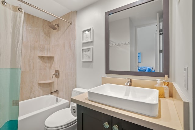 full bathroom with vanity, toilet, and shower / bathtub combination with curtain