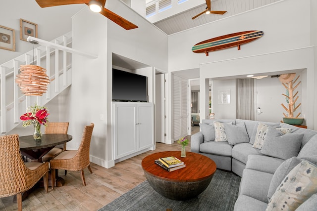 living room featuring light wood-type flooring, high vaulted ceiling, ceiling fan, and wood ceiling