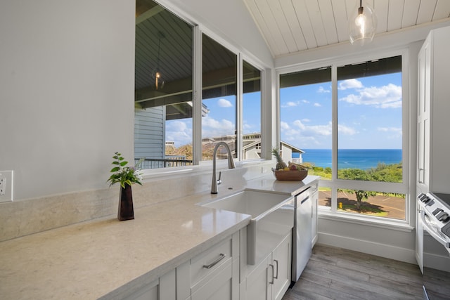 laundry room with a healthy amount of sunlight, a water view, light wood-type flooring, and sink