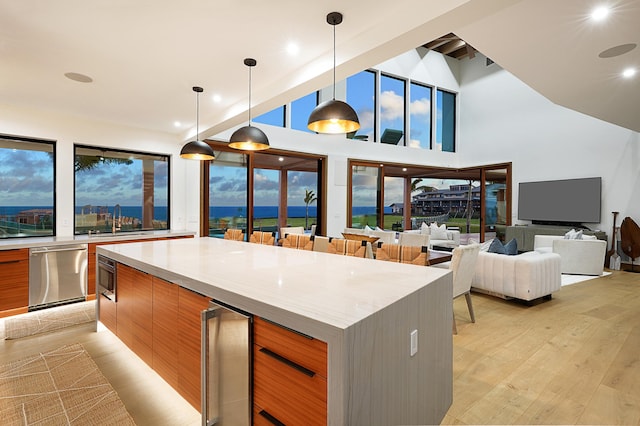 kitchen featuring a spacious island, hanging light fixtures, wine cooler, light hardwood / wood-style flooring, and stainless steel dishwasher