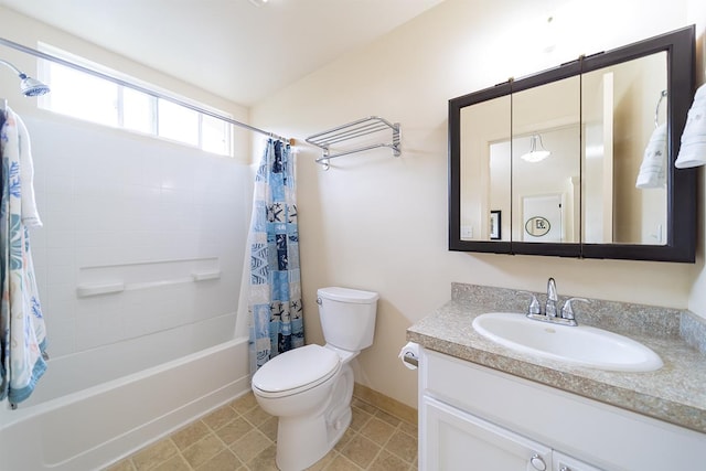 full bathroom featuring shower / bath combination with curtain, vanity, and toilet