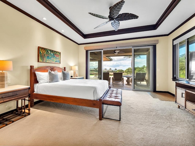 carpeted bedroom with ceiling fan, crown molding, and access to outside