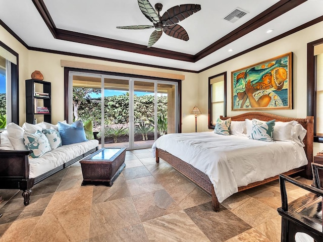 bedroom featuring ceiling fan, access to exterior, and crown molding