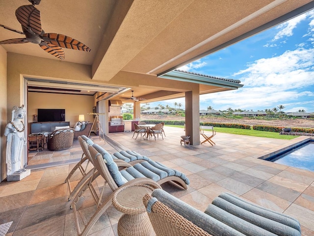 view of patio / terrace with an outdoor hangout area, ceiling fan, and area for grilling