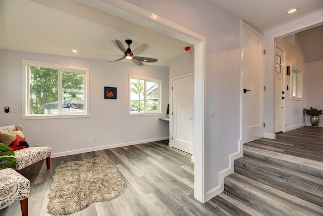 living area featuring ceiling fan and hardwood / wood-style floors