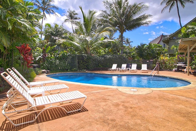 view of swimming pool featuring a patio area