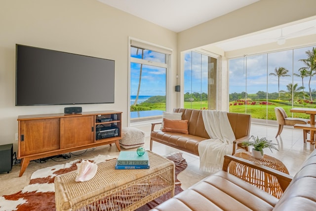 living room featuring light tile patterned floors and a healthy amount of sunlight