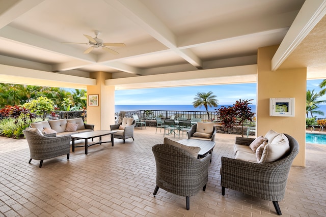 view of patio with ceiling fan, a water view, and an outdoor hangout area