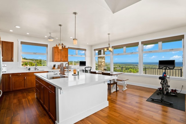 kitchen featuring sink, hanging light fixtures, dark hardwood / wood-style floors, black electric cooktop, and a kitchen island with sink