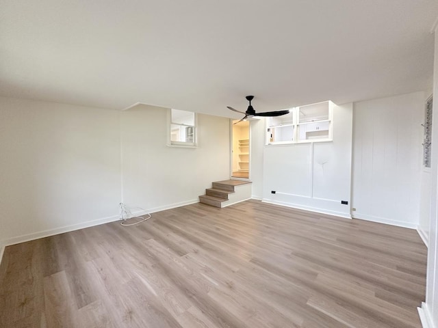 unfurnished living room with ceiling fan and light wood-type flooring