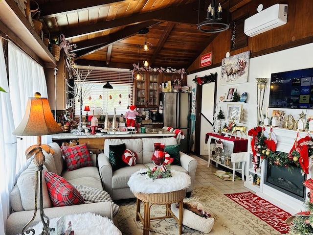 tiled living room with a wall mounted AC, plenty of natural light, wooden ceiling, and vaulted ceiling with beams