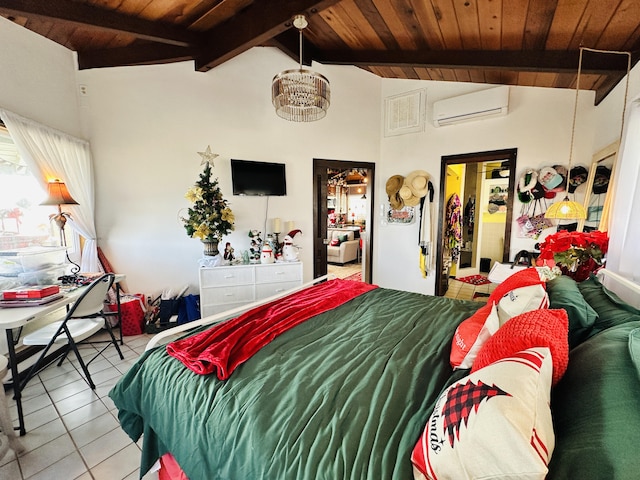 tiled bedroom with a wall unit AC, wooden ceiling, and lofted ceiling with beams