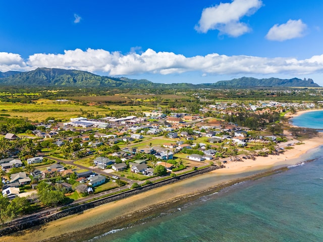 bird's eye view with a view of the beach and a water and mountain view