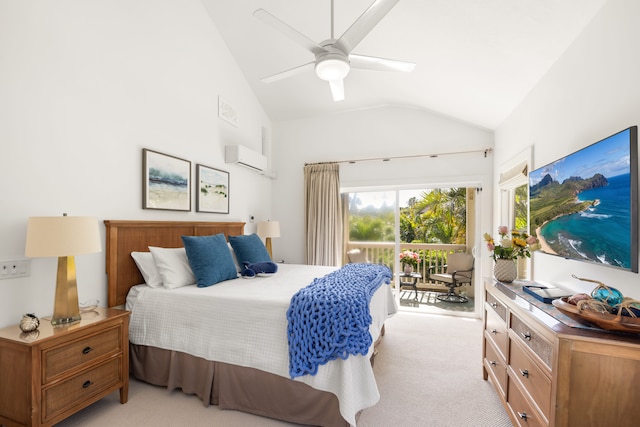 bedroom with a wall mounted air conditioner, ceiling fan, light carpet, and vaulted ceiling