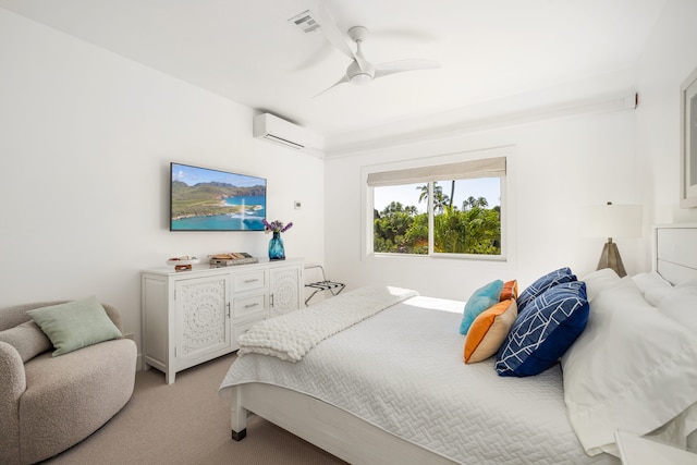 carpeted bedroom featuring ceiling fan and a wall mounted air conditioner