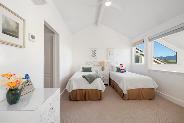 bedroom featuring carpet and lofted ceiling with beams