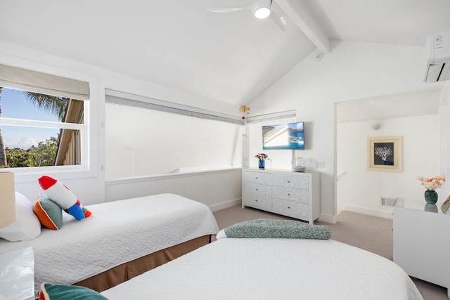 carpeted bedroom featuring an AC wall unit and lofted ceiling with beams