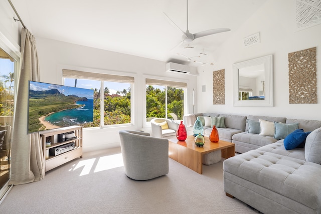 living room with an AC wall unit, ceiling fan, carpet flooring, and lofted ceiling