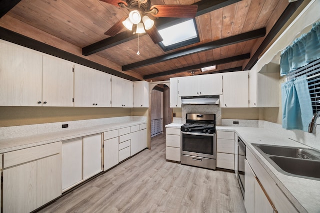 kitchen featuring appliances with stainless steel finishes, sink, beam ceiling, wooden ceiling, and white cabinets