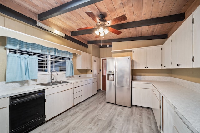 kitchen with dishwasher, sink, beamed ceiling, stainless steel refrigerator with ice dispenser, and light wood-type flooring