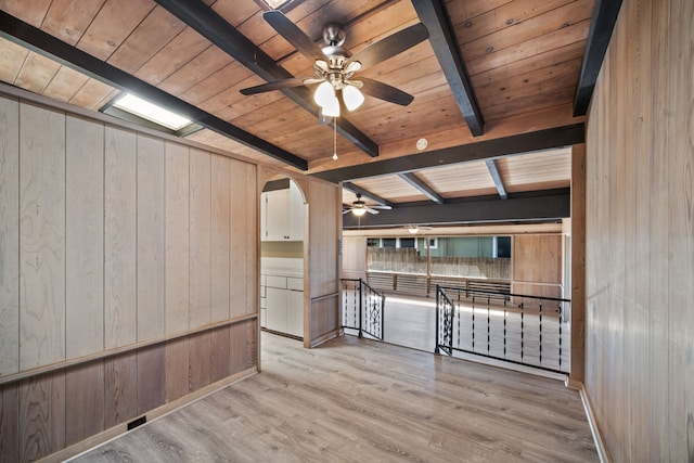 interior space featuring beamed ceiling, light hardwood / wood-style flooring, wooden walls, and wood ceiling