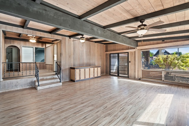 interior space with beamed ceiling, wooden ceiling, wooden walls, and light hardwood / wood-style flooring