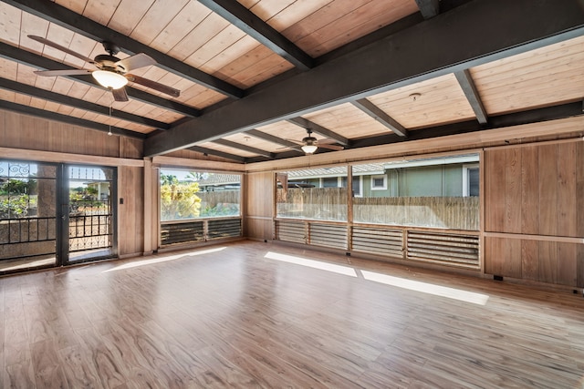 unfurnished living room featuring hardwood / wood-style floors, ceiling fan, wood walls, and wood ceiling