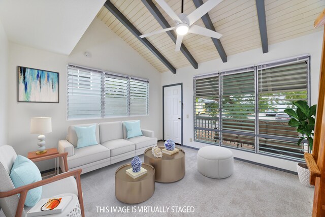 carpeted living room with wood ceiling, ceiling fan, high vaulted ceiling, and beamed ceiling