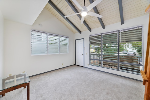 unfurnished room with light carpet, ceiling fan, wood ceiling, and beam ceiling