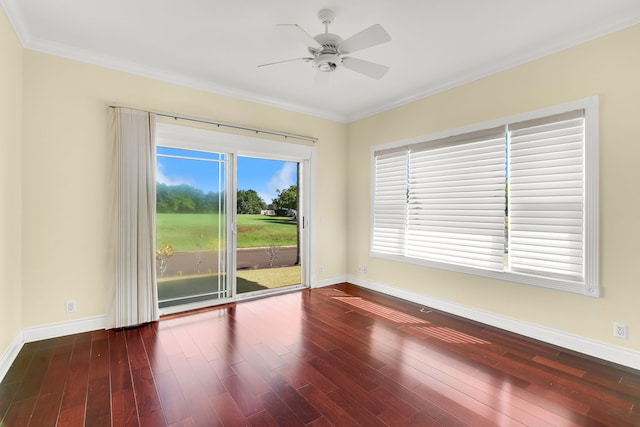 spare room featuring ceiling fan, crown molding, and a healthy amount of sunlight