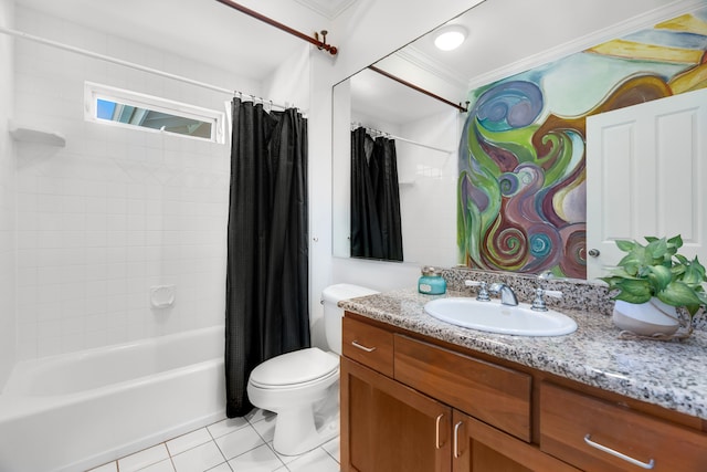 full bathroom with vanity, tile patterned floors, crown molding, toilet, and shower / bath combo with shower curtain