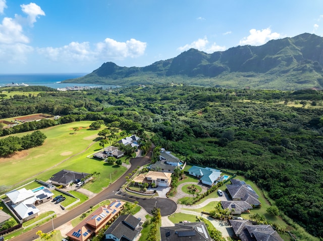 drone / aerial view featuring a water and mountain view