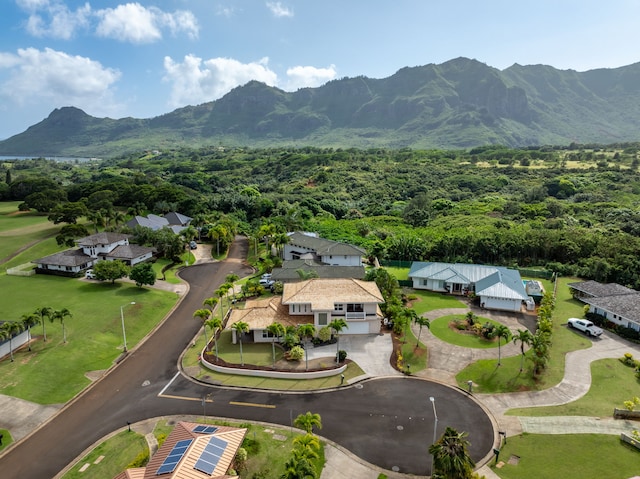 birds eye view of property featuring a mountain view