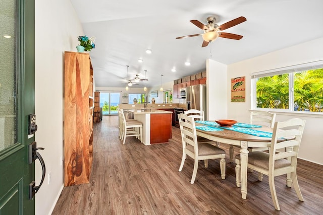 dining room featuring dark hardwood / wood-style floors, ceiling fan, and sink