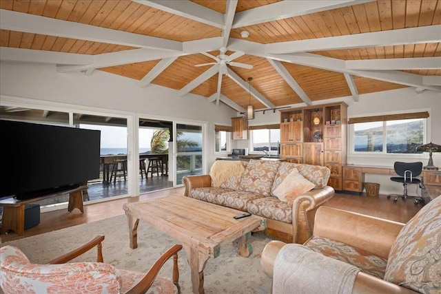 living room with wood ceiling, ceiling fan, wood-type flooring, high vaulted ceiling, and beamed ceiling