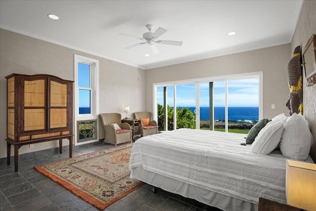 bedroom featuring a water view, ceiling fan, and ornamental molding